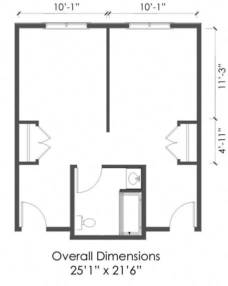 A blueprint showing the layout of a building with two large rooms and a central bathroom area.