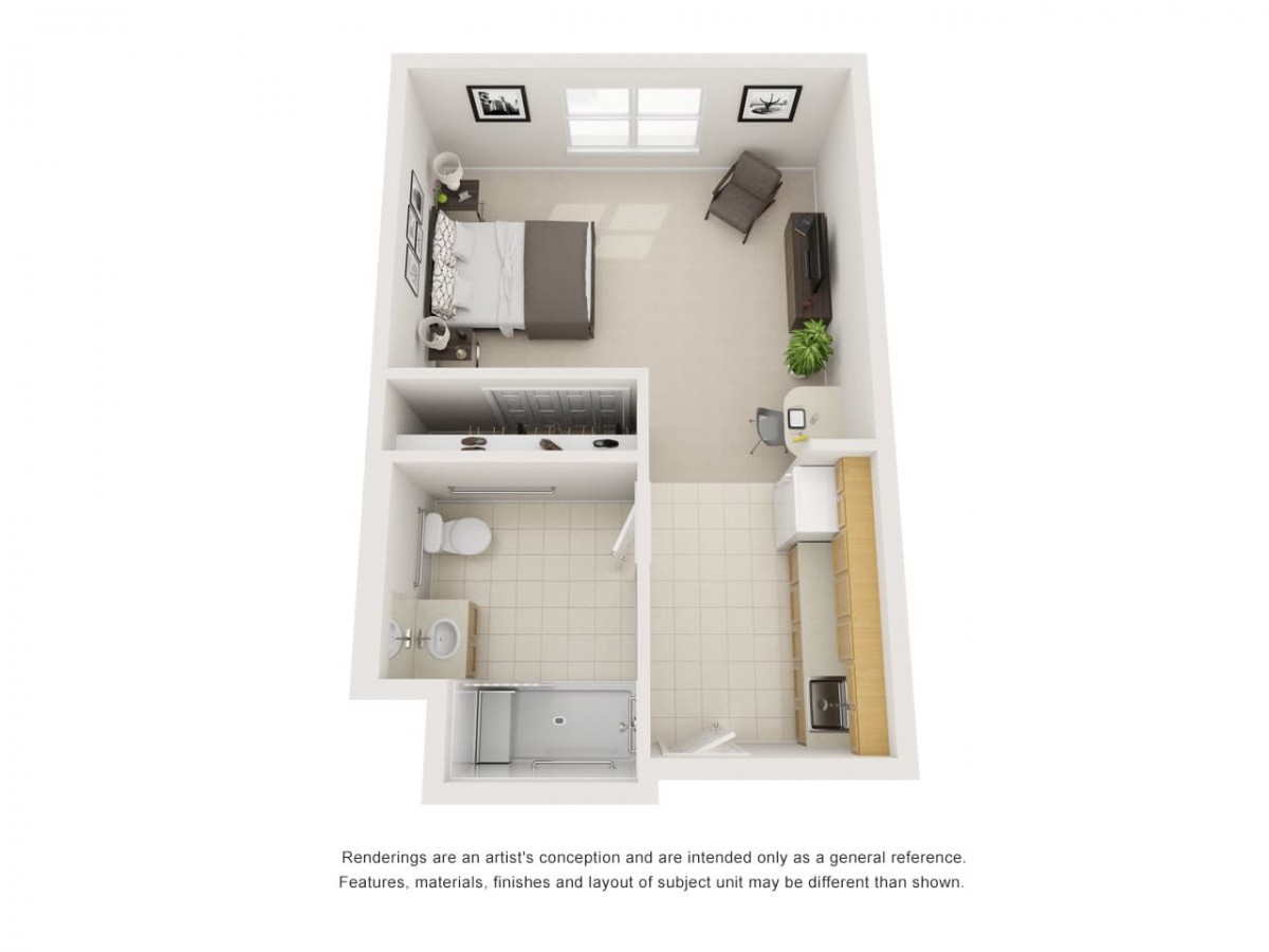 A 3D rendering of a studio apartment layout featuring a bed, kitchen area, and bathroom.