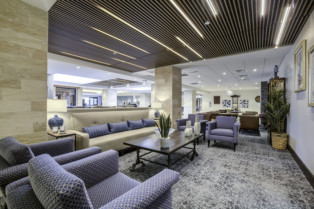 A modern lobby with comfortable seating and stylish decor.