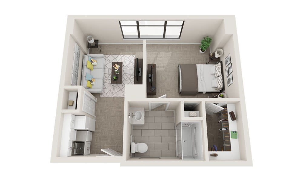 A modern one-bedroom apartment floor plan with an open living area, kitchen, and bathroom.