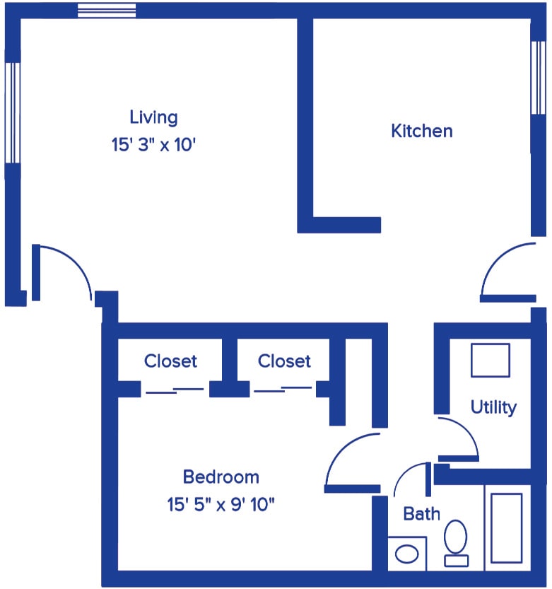 Floor plan of a one-bedroom apartment with designated living and kitchen areas.