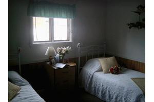 Cozy bedroom with two beds and a bedside table decorated with flowers and a lamp.
