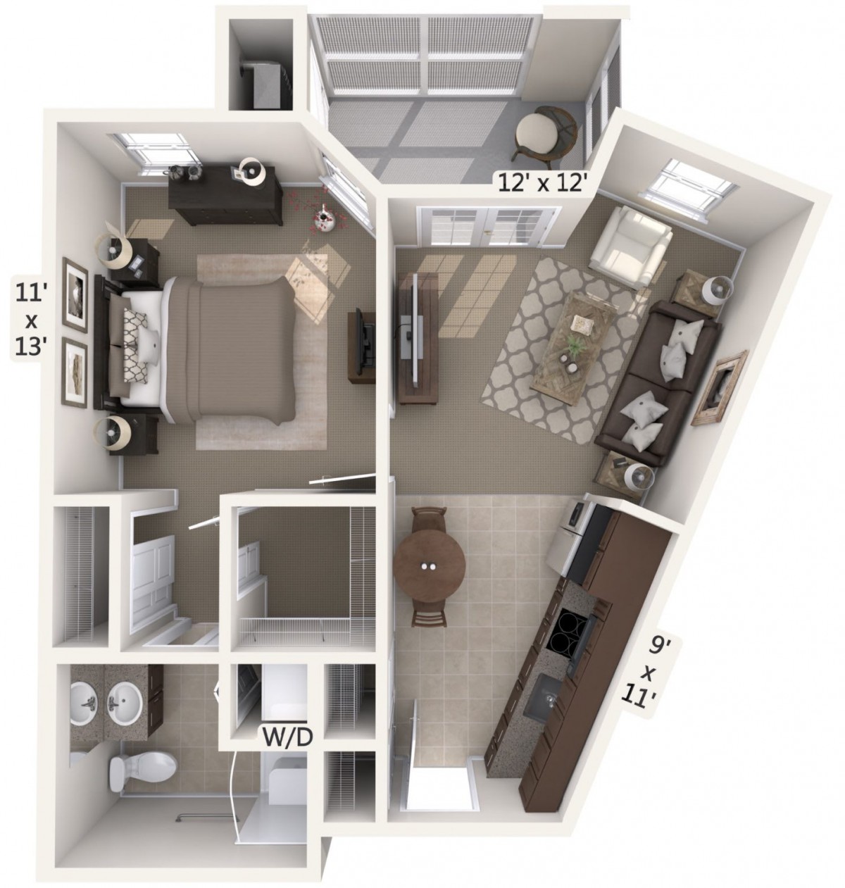A 3D floor plan of a one-bedroom apartment with open living space and kitchen.