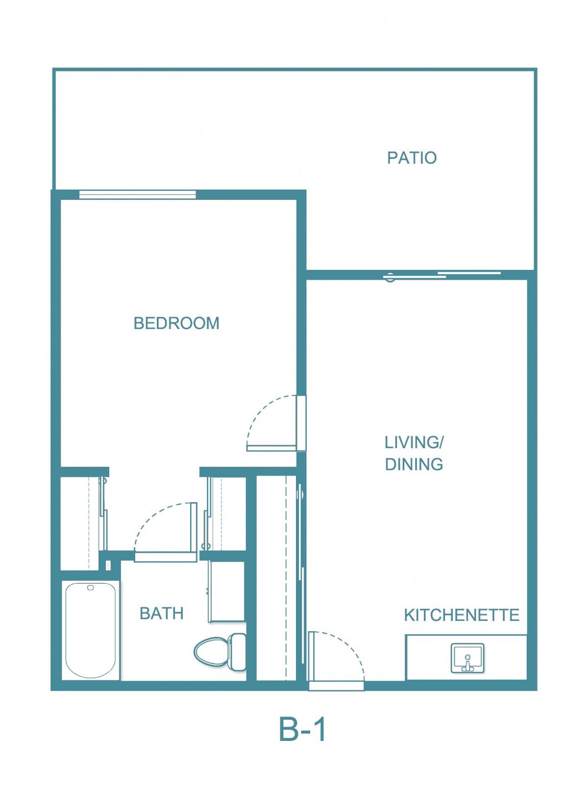 A floor plan of a one-bedroom apartment featuring a living/dining area, kitchenette, bathroom, and patio.
