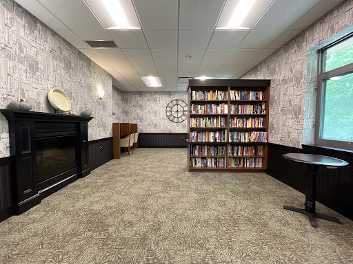 A spacious and elegantly designed reading area featuring bookshelves filled with books, complemented by stylish wallpaper and carpet.