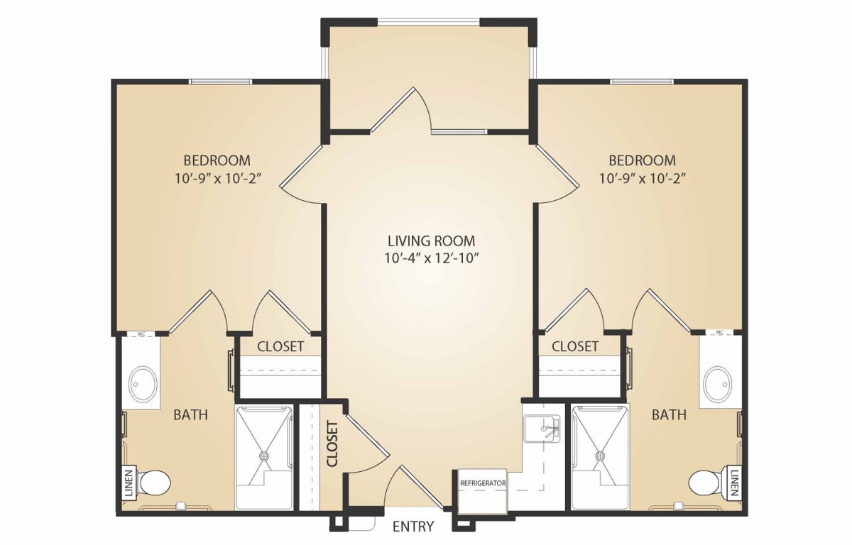 A floor plan of an apartment with two bedrooms, a living room, and two bathrooms.
