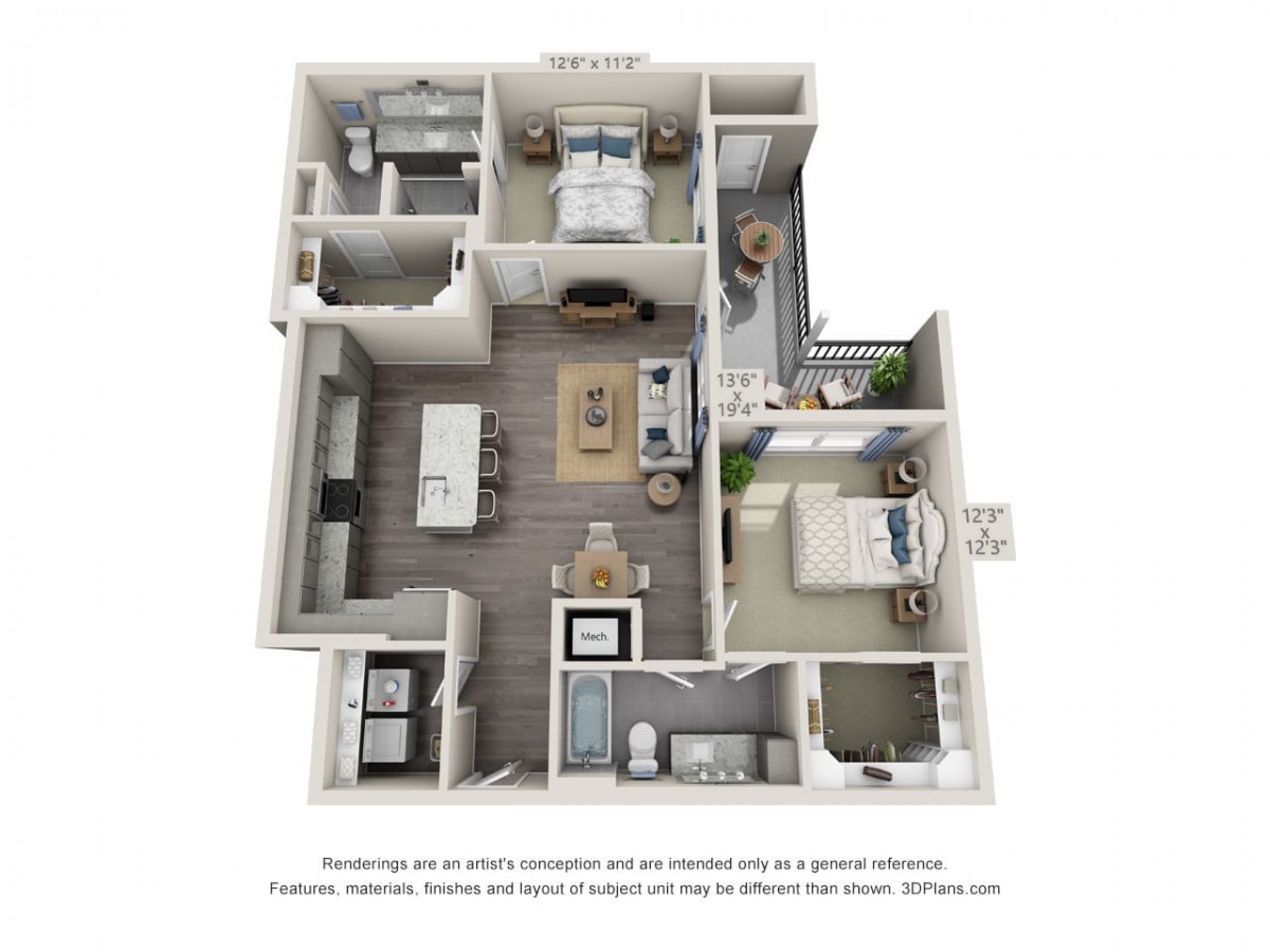 A 3D rendered floor plan of a modern apartment with two bedrooms, a living room, kitchen, and balcony.