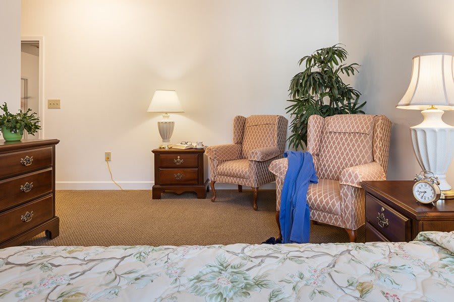 A cozy living room corner with two armchairs, a side table with a lamp, and a potted plant.