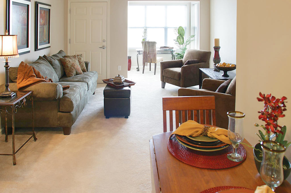 A cozy living room with a sofa, chairs, and a dining area in the background, showcasing elegant home decor.