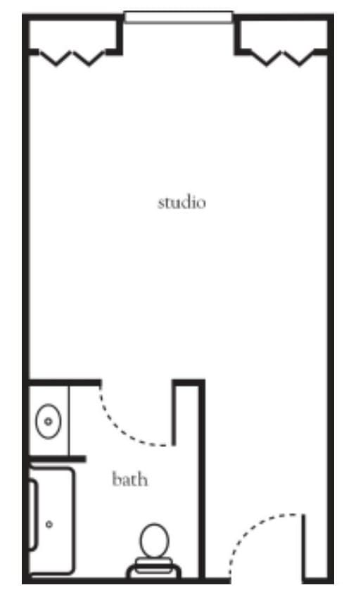Simple studio apartment floor plan with a bathroom and open living space.