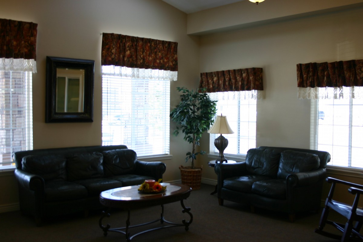 A cozy living room with two leather sofas, a coffee table, a lamp, and an indoor plant near large windows.