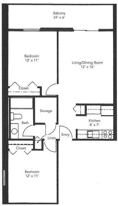 A floor plan of a one-bedroom apartment including a living/dining room, kitchen, bathroom, and storage space.
