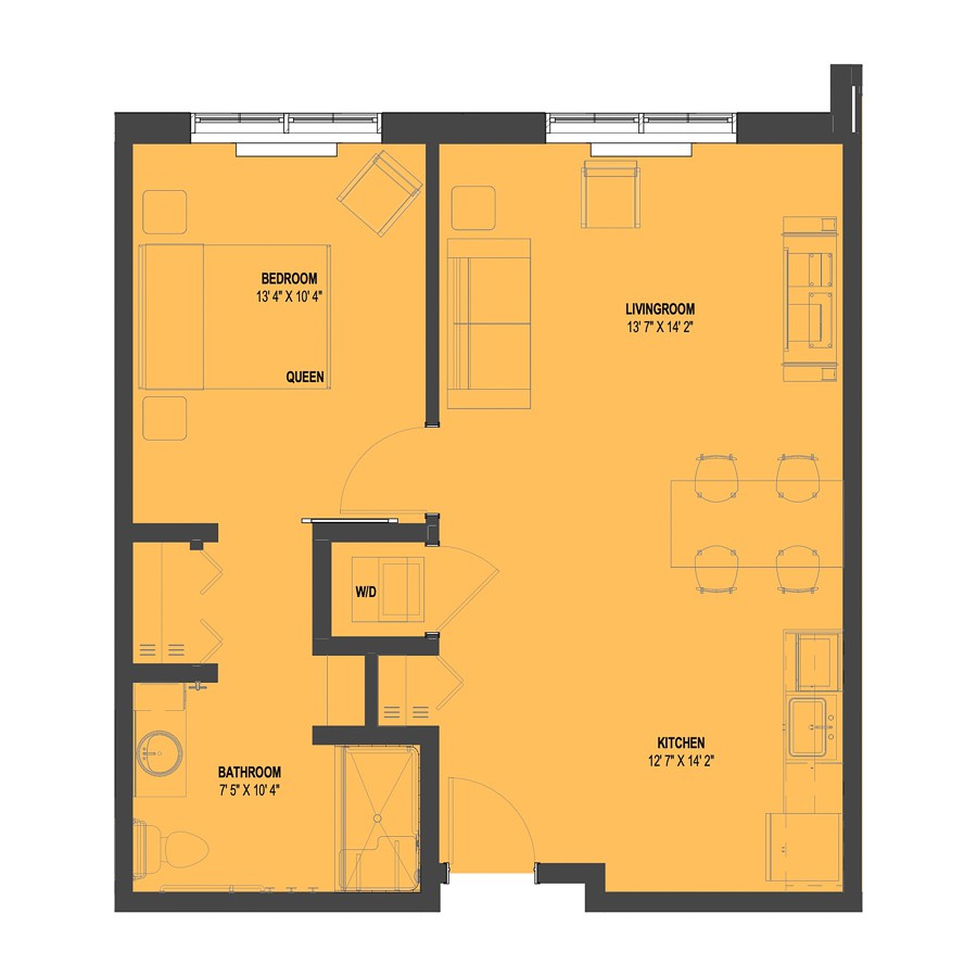 A schematic floor plan of an apartment featuring multiple rooms.