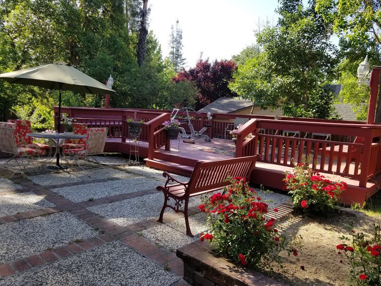 A tranquil garden patio with wooden benches surrounded by lush greenery and vibrant flowers.