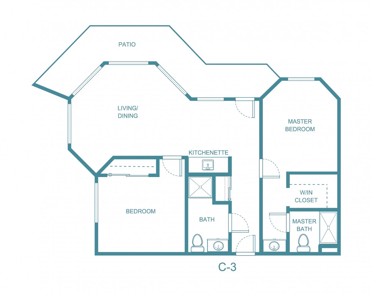 A detailed floor plan of a two-bedroom apartment with labeled rooms and areas.