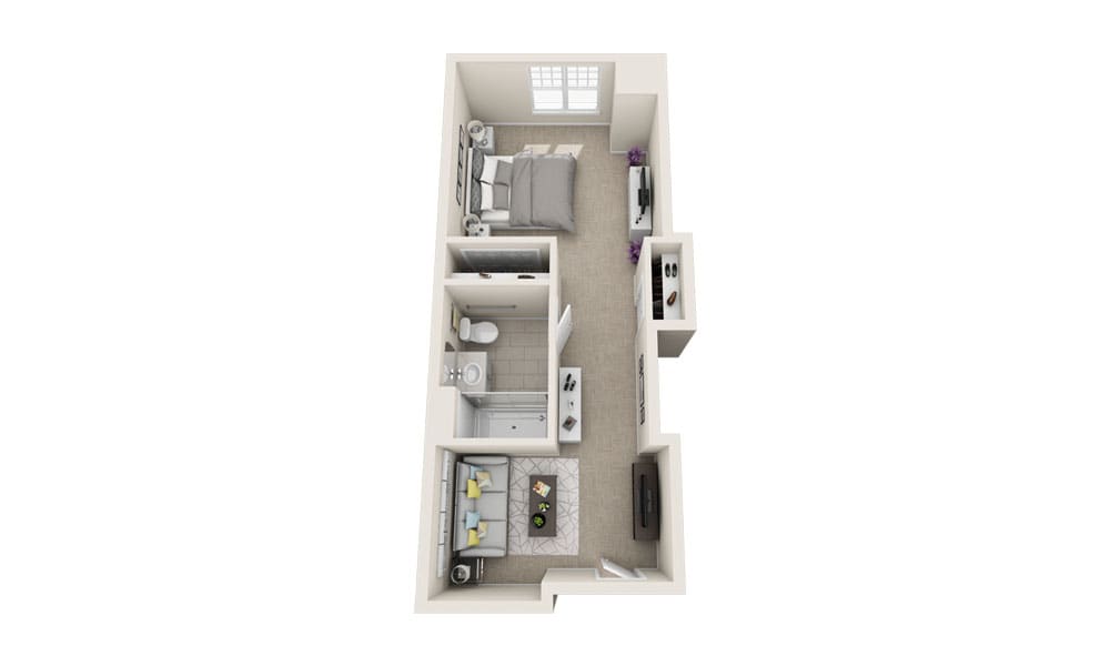A 3D floor plan of a one-bedroom apartment layout featuring a bedroom, bathroom, kitchen, and living area.