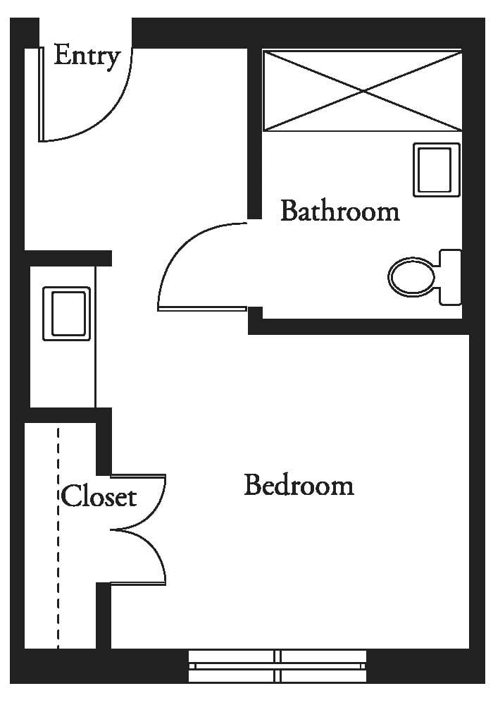 A simple floor plan showing a bedroom, bathroom, and closet.