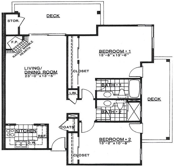 A floor plan of a two-bedroom apartment with labeled areas including living room, kitchen, and bathrooms.