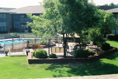 A serene outdoor space featuring a swimming pool, lush greenery, and a shaded patio area.