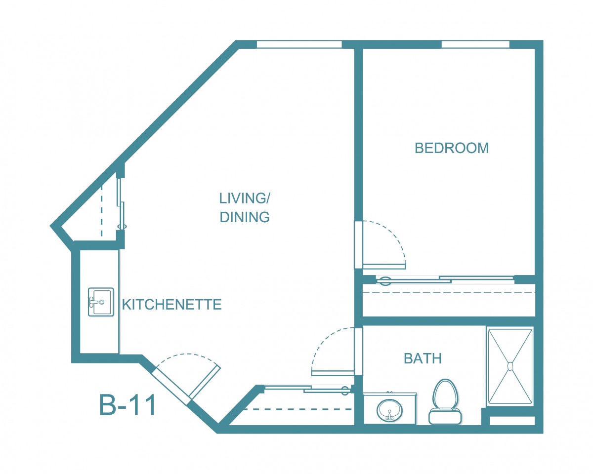 A simple floor plan of a one-bedroom apartment with a bathroom, kitchenette, and living/dining area.
