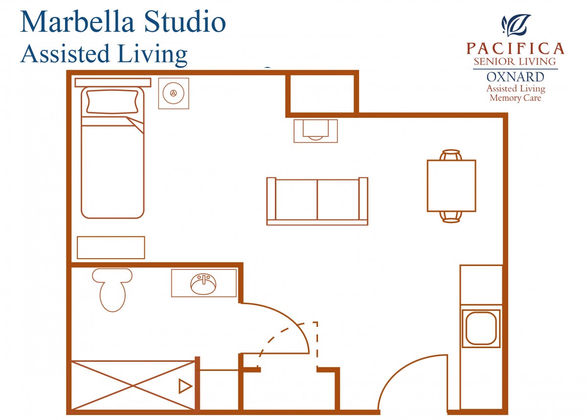 Floor plan of an assisted living studio apartment highlighting the layout of furniture and rooms.