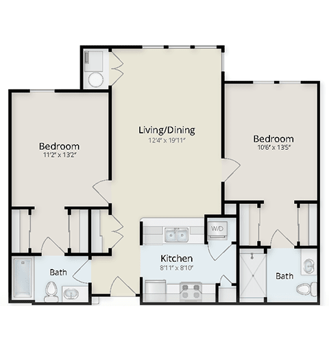 A floor plan of a two-bedroom apartment with a kitchen, living room, and bathrooms.