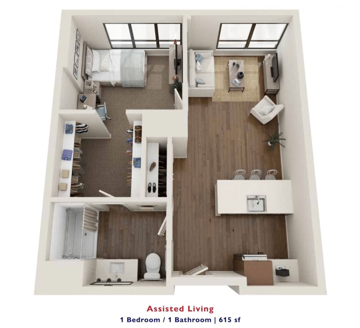 3D layout of a one-bedroom, one-bathroom assisted living apartment.