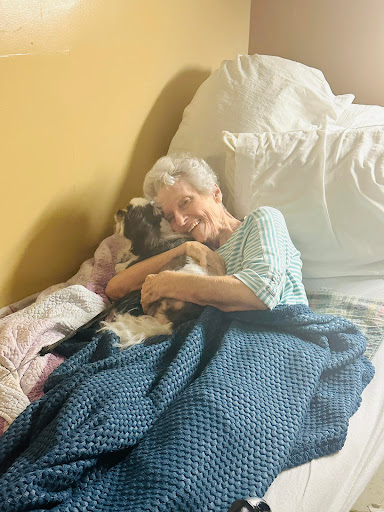 An elderly woman enjoying a cozy moment with her beloved dog in bed.
