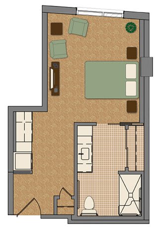 A floor plan layout featuring a bedroom and a living area.