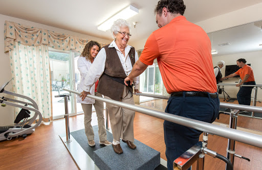 A physical therapist assists an elderly woman in walking using a supportive railing system.
