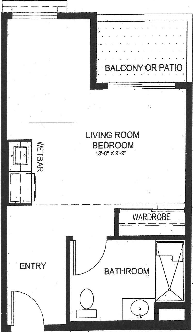 Studio apartment floor plan with living room, wet bar, and wardrobe.