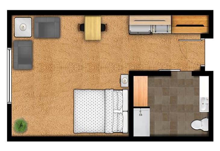 A top-down view of a studio apartment floor plan featuring a bedroom area, kitchenette, and workspace.