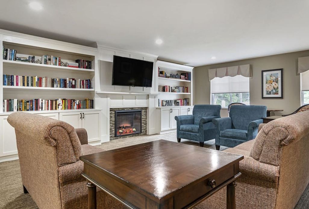 A cozy living room with a fireplace, surrounded by bookshelves, armchairs, and a television above.