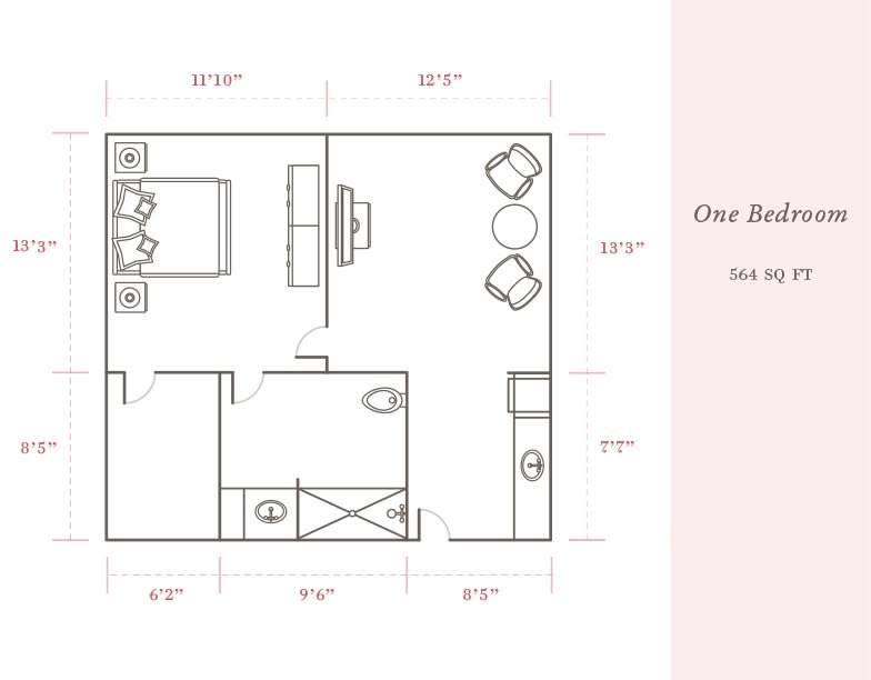A floor plan of a bedroom showing furniture arrangement and room dimensions.