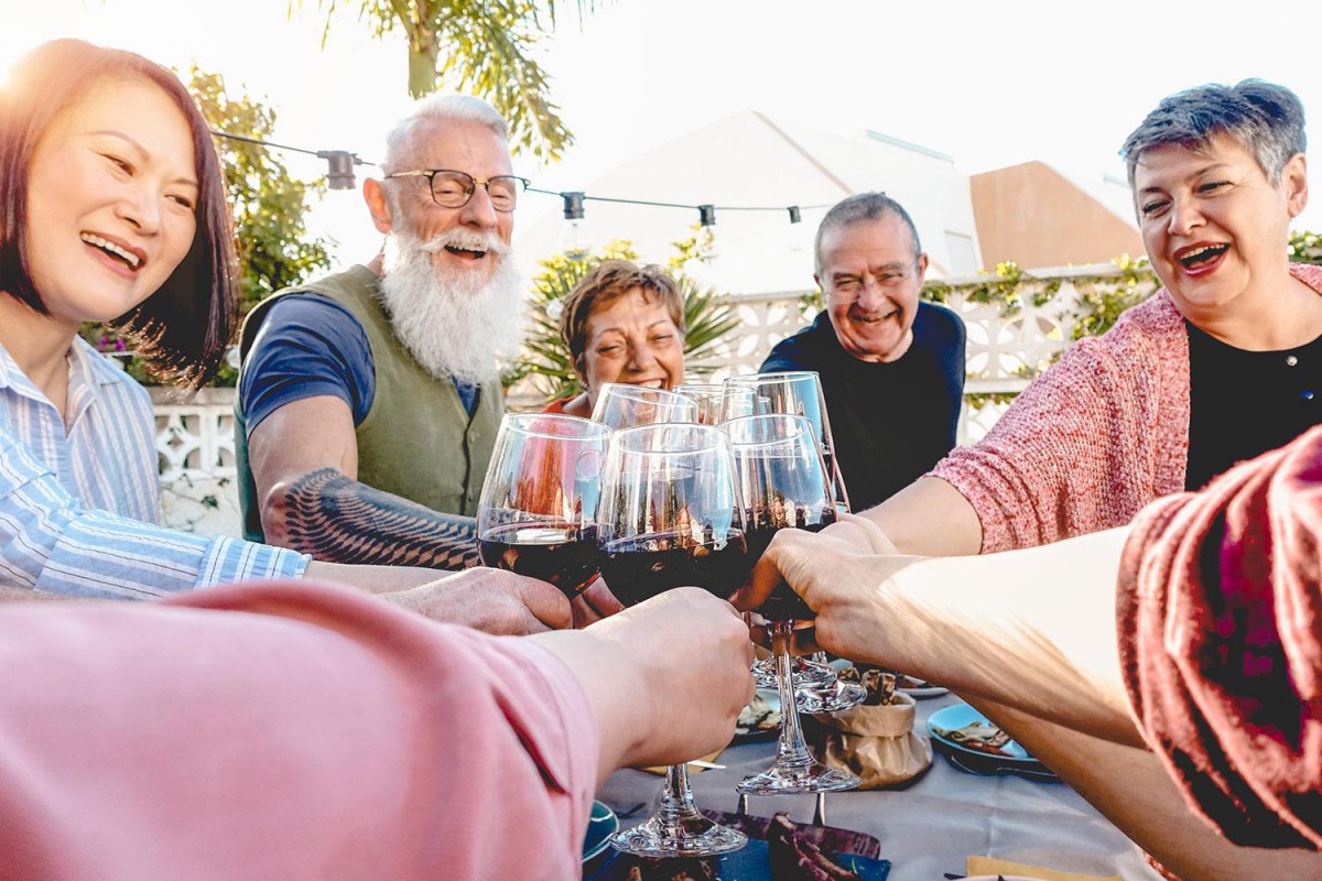 A group of friends enjoying an outdoor gathering, clinking glasses in celebration.