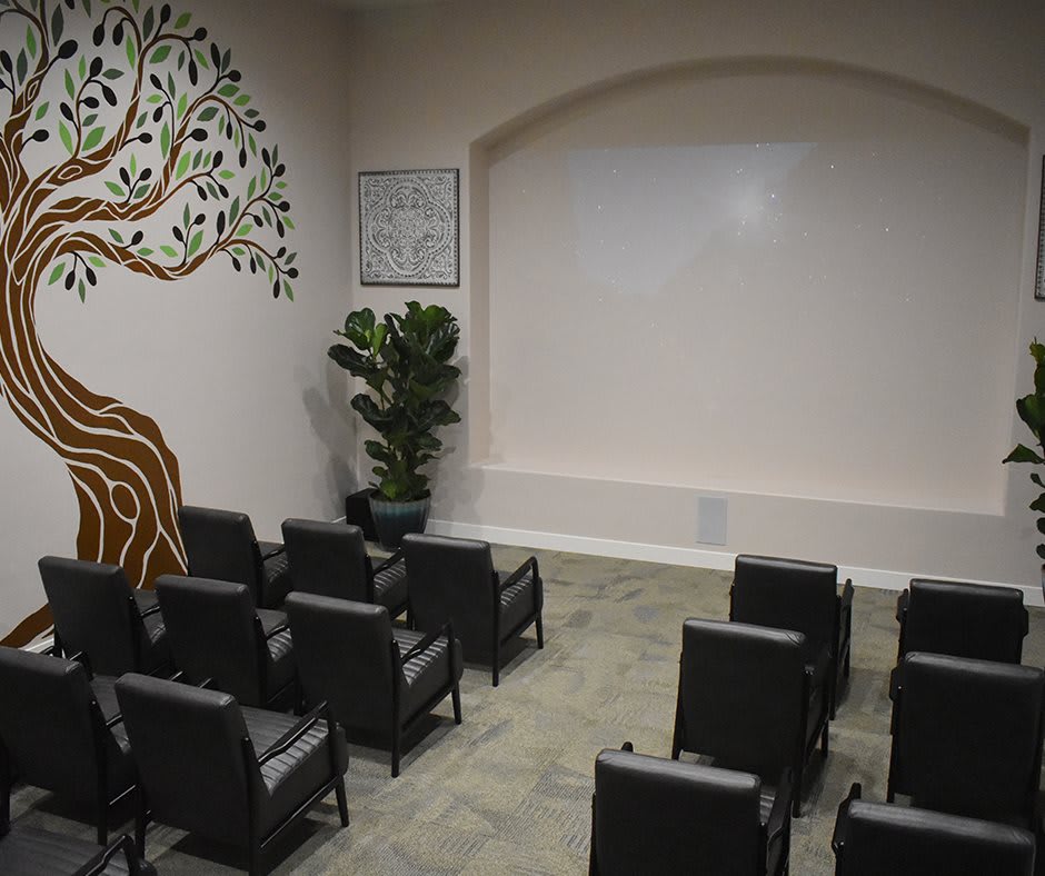 An empty classroom with rows of chairs facing a whiteboard and a wall decorated with a tree mural.