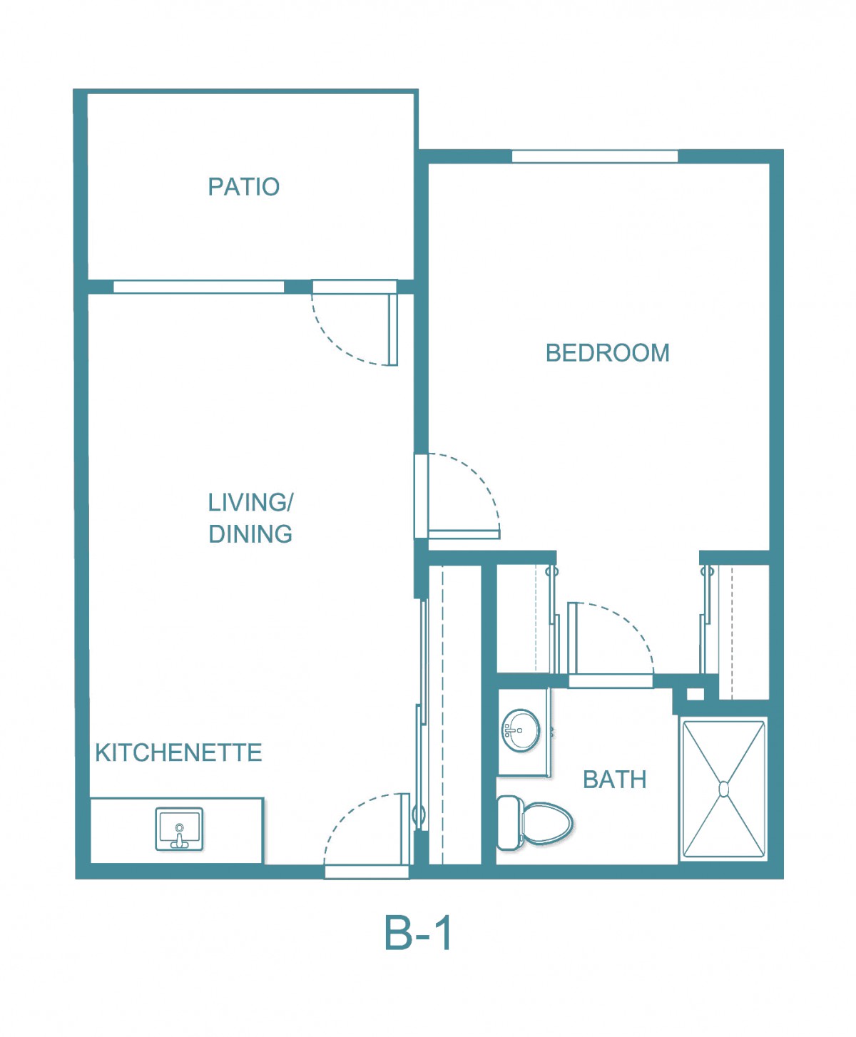 A floor plan of a one-bedroom apartment with a living/dining area, kitchenette, bathroom, and patio.