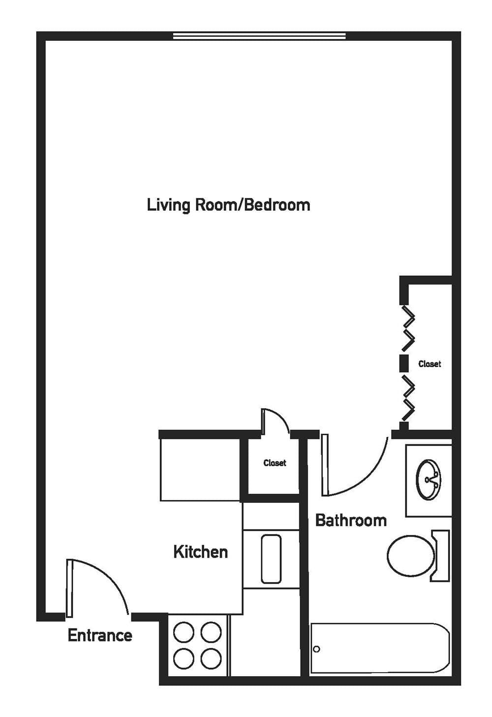 Floor plan of a studio apartment with a combined living room and bedroom area.