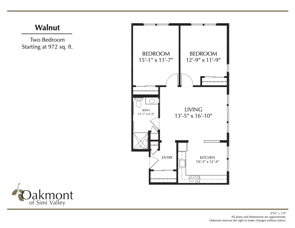 Floor plan of a two-bedroom apartment named 'The Walnut' with specific room dimensions.