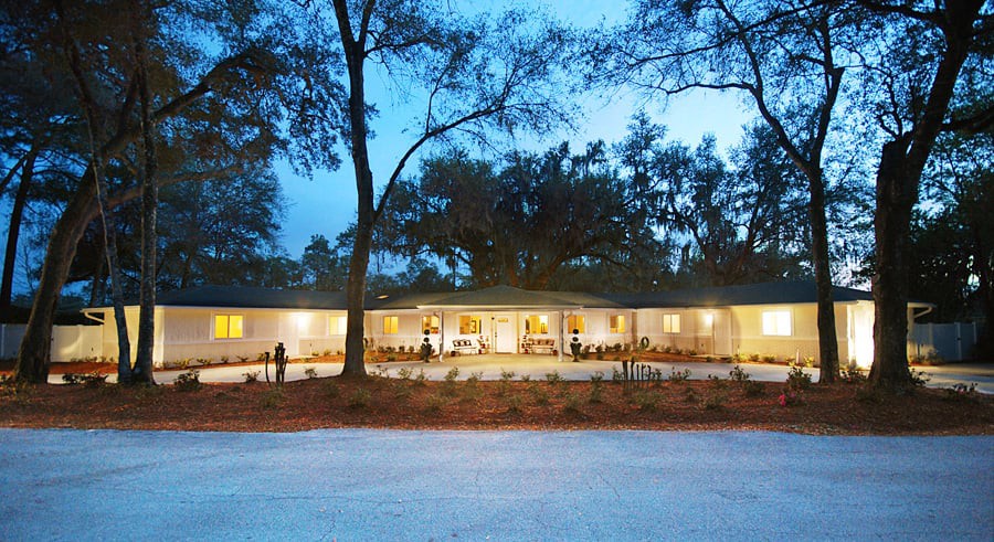 A modern, well-lit house surrounded by trees at dusk.
