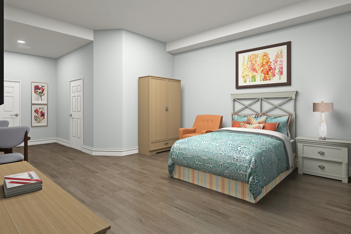 A cozy bedroom with a bed, wardrobe, and armchair, featuring wood flooring and light-colored walls.