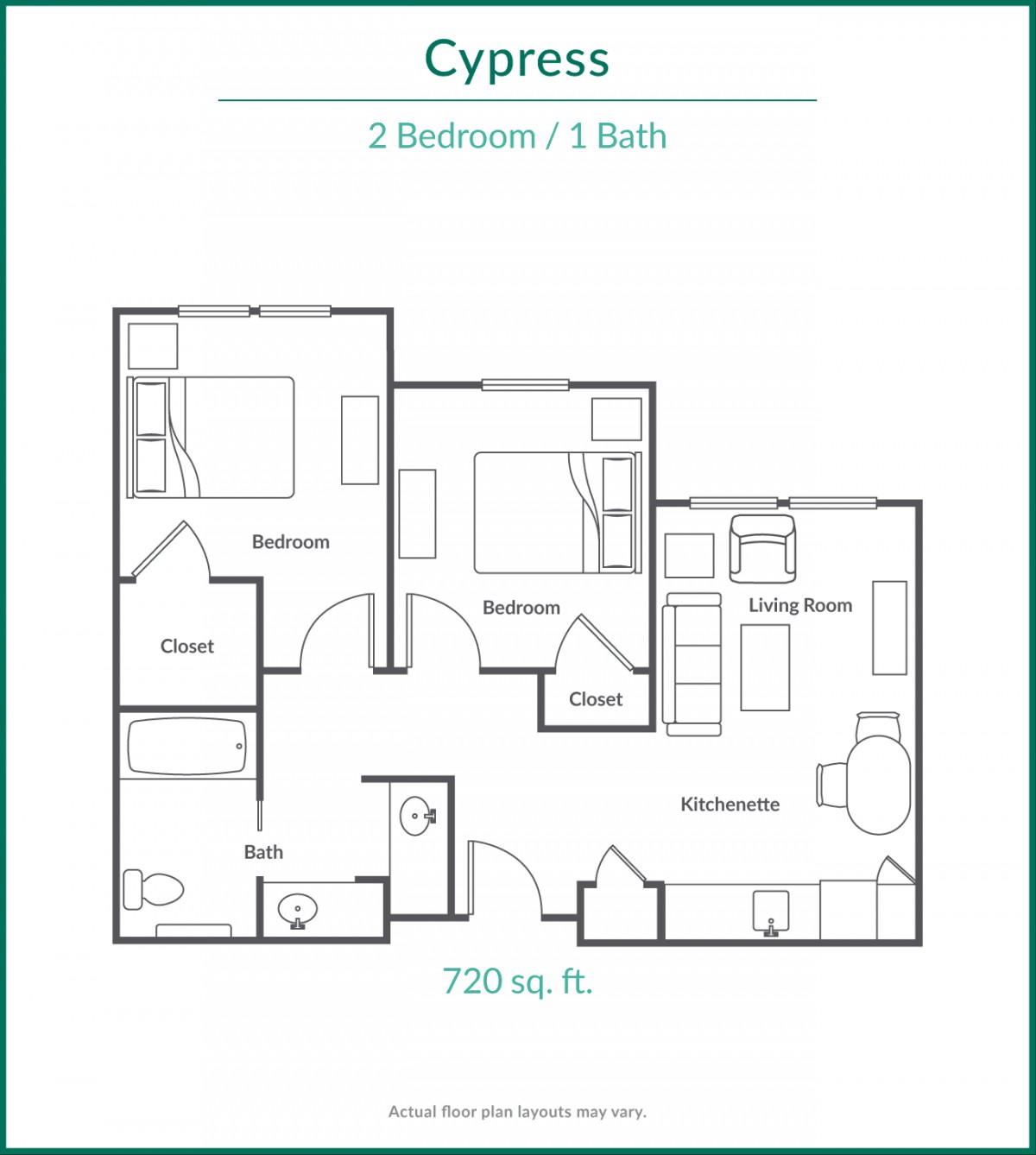 Floor plan of the Cypress apartment model featuring 2 bedrooms and 1 bathroom with a total area of 720 square feet.