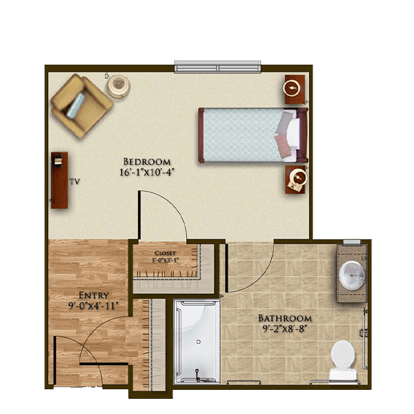 A floor plan of a compact studio apartment featuring a single bedroom and bathroom.
