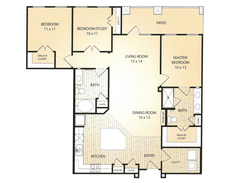 A detailed floor plan of a two-bedroom apartment, featuring a living room, kitchen, dining area, and two bathrooms.