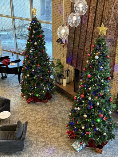 A cozy living space adorned with beautifully decorated Christmas trees, setting a festive mood for the holiday season.