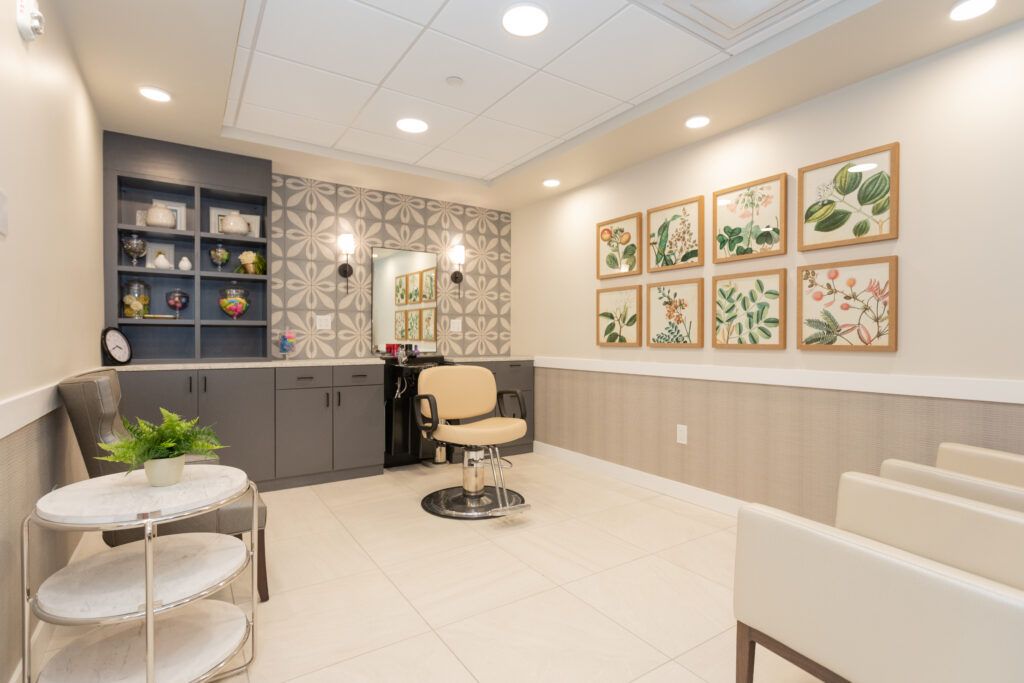 A modern hair salon interior with stylish decor and comfortable seating.