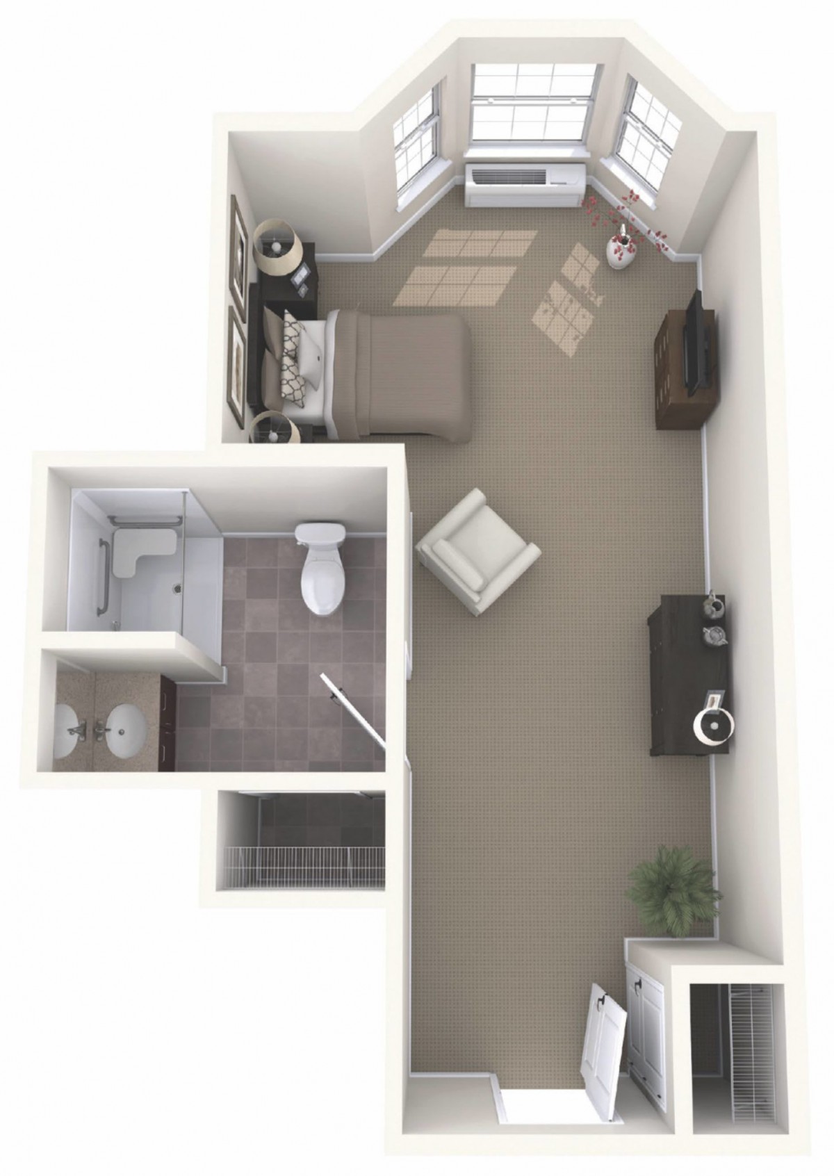 Top view of a studio apartment layout with a bed, bathroom, and living area.