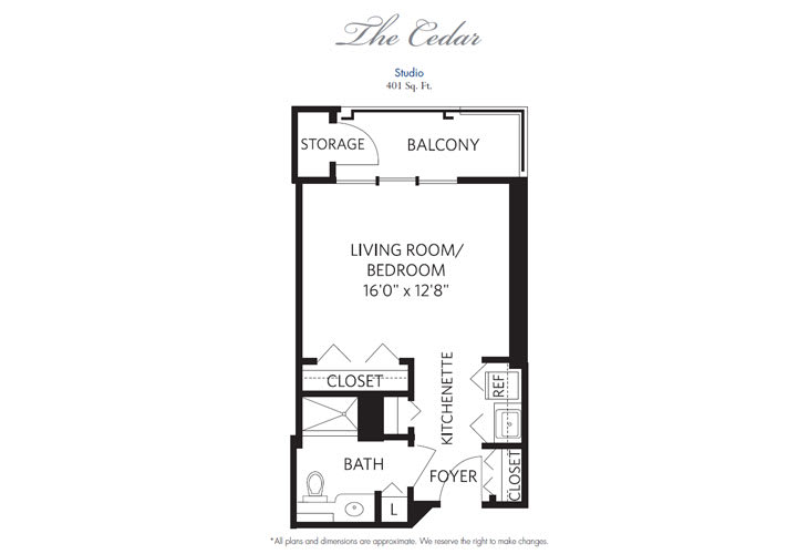 Studio apartment floor plan with labeled areas including living room/bedroom, kitchen, bath, closet, and balcony.