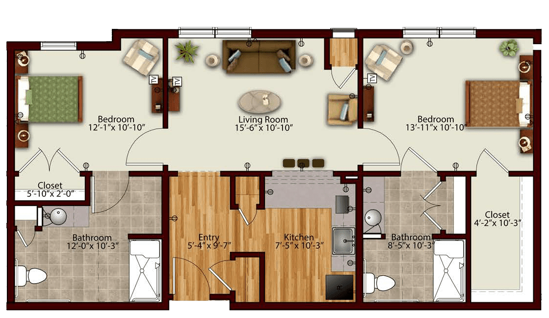 A detailed floor plan of a two-bedroom apartment showing the layout of rooms and furniture.