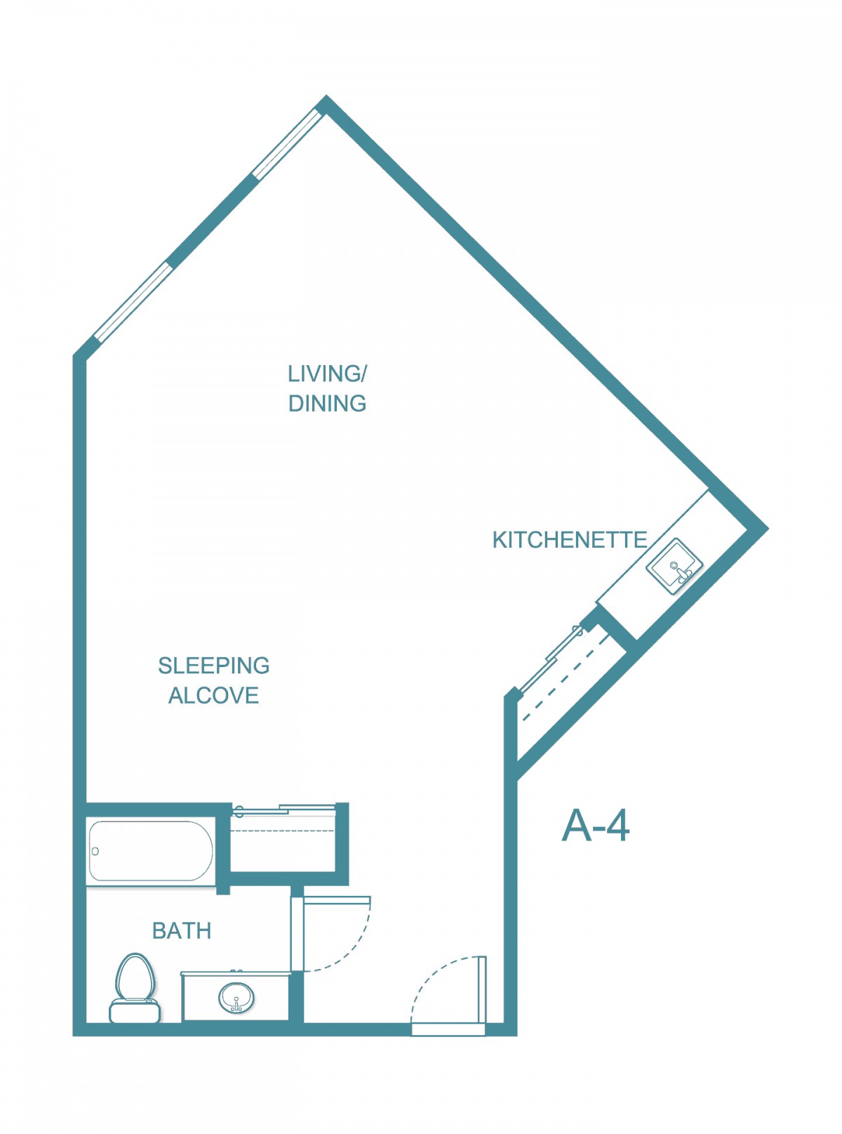 Studio apartment floor plan featuring a kitchenette, living/dining area, sleeping alcove, and bathroom.